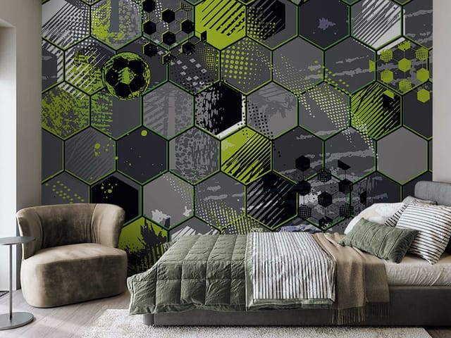 Fototapeta Sportowy wzór z sześciokątów (kod: 26946) Fototapeta z dynamicznym wzorem sześciokątów i piłek nożnych