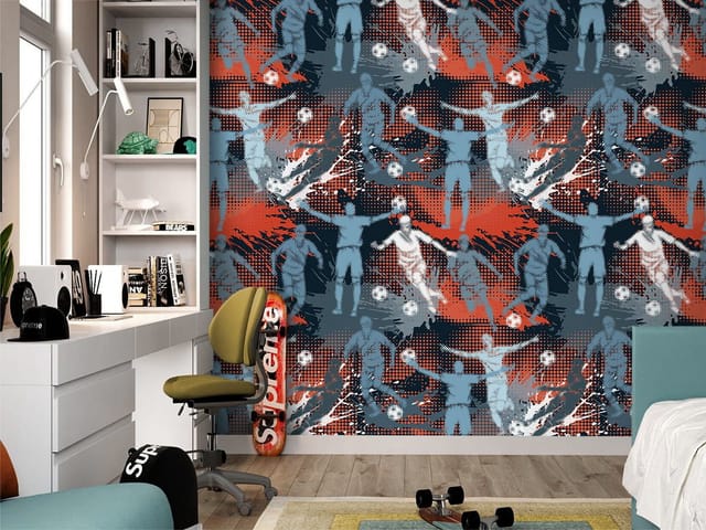 Fototapeta z sylwetkami piłkarzy w dynamicznych pozach na tle abstrakcji