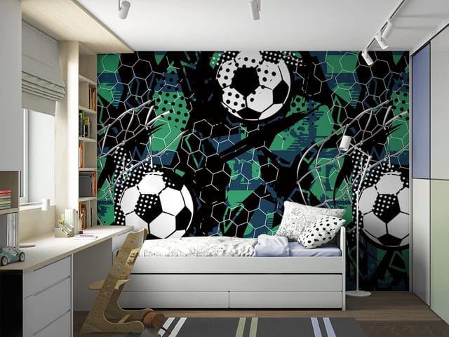 Fototapeta z piłkami nożnymi i geometrycznymi wzorami, heksagony i linie