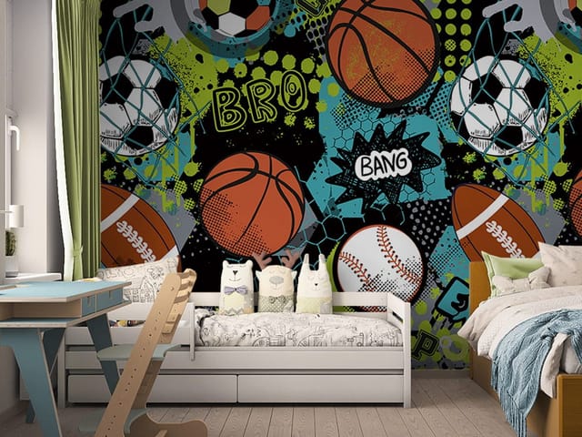 Fototapeta z piłkami sportowymi na kolorowym tle z napisami i wzorami