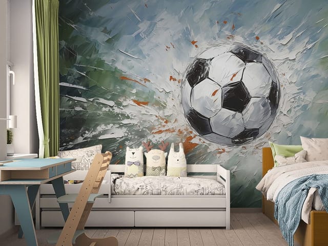 Fototapeta z piłką nożną w dynamicznym ruchu i rozpryskami farby