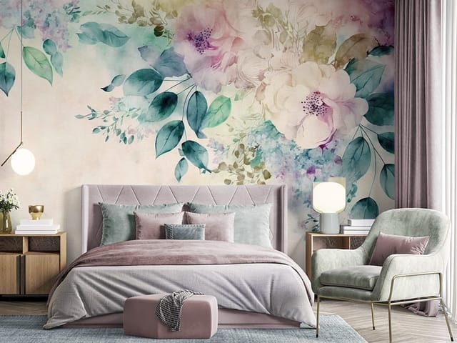 Fototapeta z dużymi kwiatami i zielonymi liśćmi w akwareli