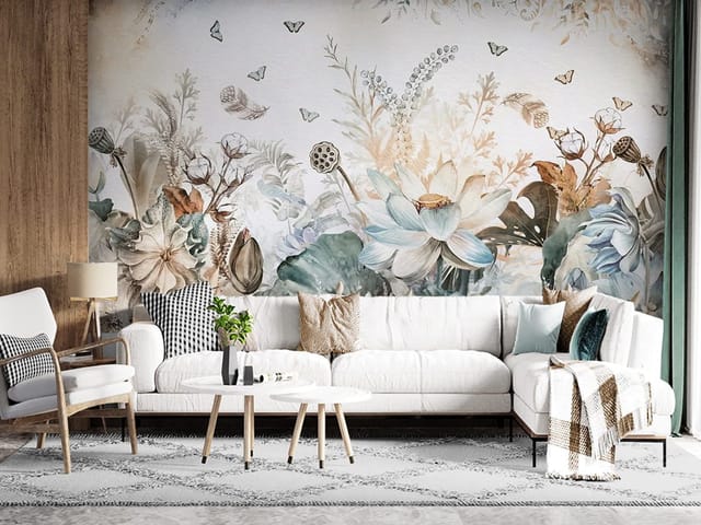 Fototapeta z dużymi kwiatami i liśćmi w pastelowych odcieniach