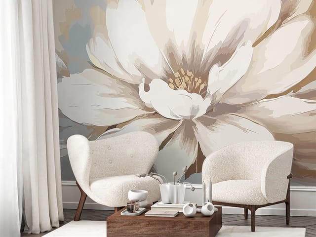 Fototapeta z dużym białym kwiatem piwonii na jasnobrązowym tle