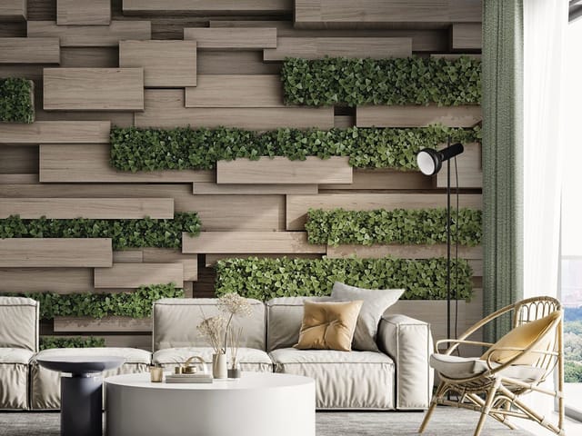 Fototapeta z drewnianymi panelami i zielonymi roślinami w geometrycznym układzie