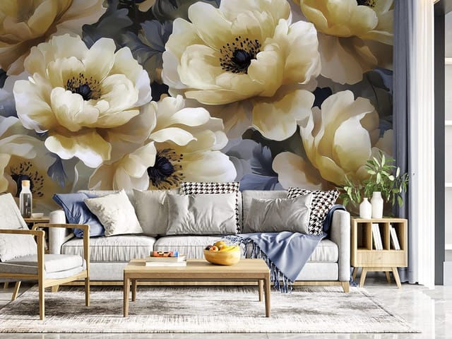 Fototapeta Żółte kwiaty na ciemnym tle (kod: 26974) Fototapeta z dużymi żółtymi kwiatami na ciemnym tle z liśćmi