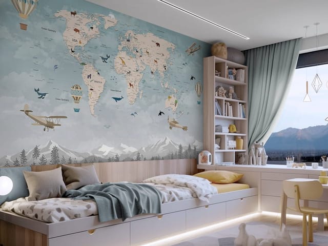 Fototapeta Mapa świata z balonami i samolotami