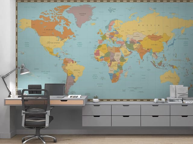 Fototapeta z polityczną mapą świata, kontynenty i oceany z nazwami