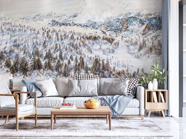 Fototapeta Śnieżny las i góry w tle (kod: 26999) Fototapeta przedstawiająca śnieżny las iglasty z górami w oddali i chmurami