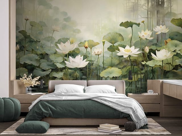 Fototapeta z białymi kwiatami lotosu i zielonymi liśćmi na wodzie