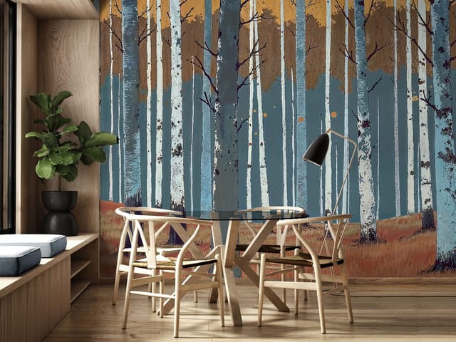 Fototapeta przedstawiająca las z brzozami, pomarańczowymi liśćmi i trawiastą ściółką