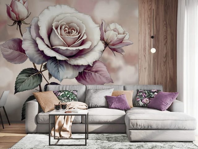 Fototapeta z dużą białą różą i różowymi pąkami na pastelowym tle