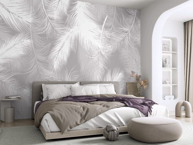 Fototapeta z dużymi białymi piórami na szarym tle, subtelne linie