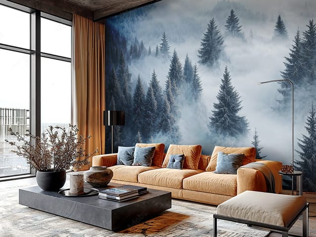 Fototapeta Mglisty las z ośnieżonymi drzewami