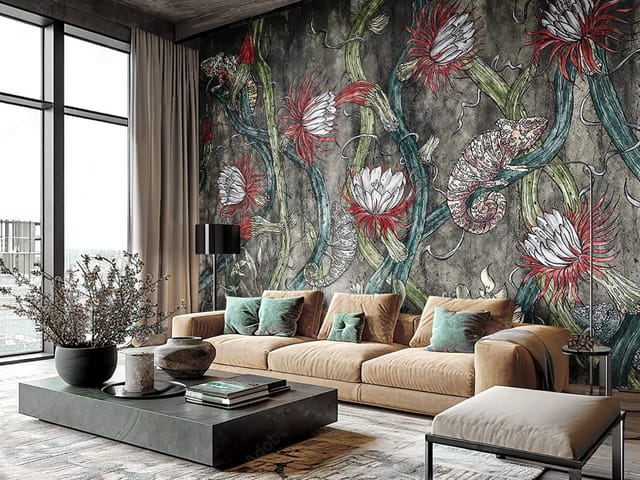 Fototapeta Kwiaty i Pnącza na Ciemnym Tle (kod: 27040) Fototapeta z wijącymi się pnączami i dużymi czerwonymi kwiatami na ciemnym tle