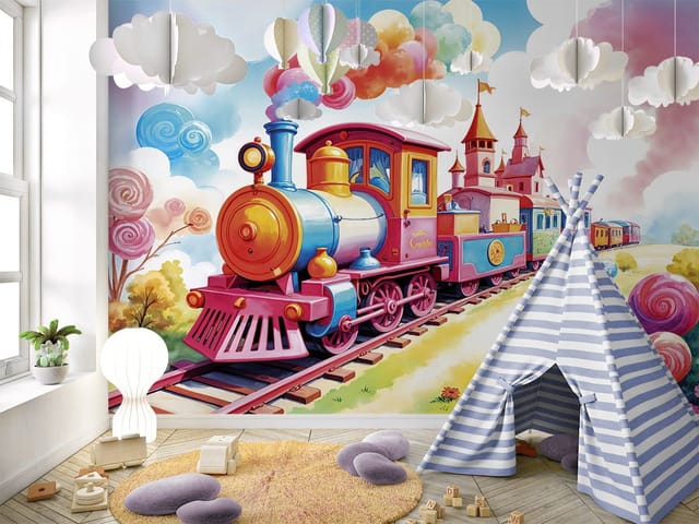 Fototapeta Kolorowy pociąg i bajkowy zamek