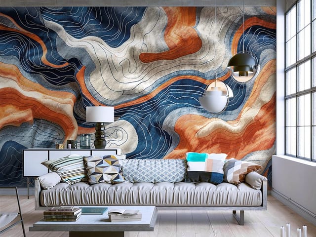 Fototapeta z falistą tkaniną i wzorem topograficznym w odcieniach niebieskiego