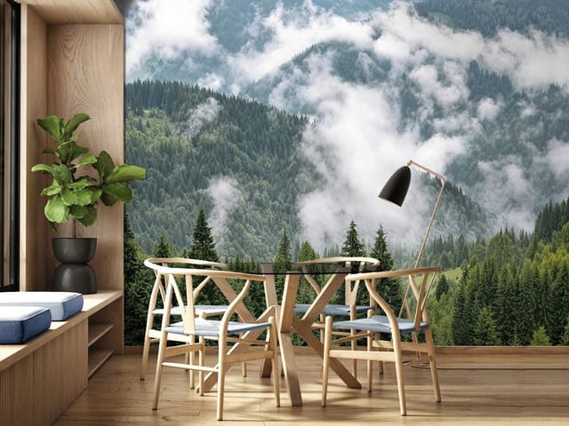 Fototapeta Górski las wśród mgły (kod: 27047) Fototapeta z gęstym lasem iglastym i mgłą w górskim krajobrazie