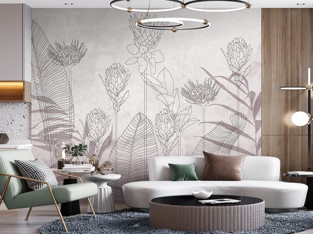 Fototapeta z kwiatami i liśćmi w linii na stonowanym tle