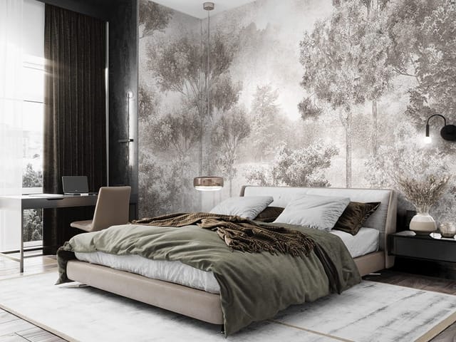 Fototapeta Spokojny las z wysokimi drzewami