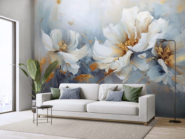 Fototapeta z trzema dużymi białymi kwiatami na niebiesko-szarym tle