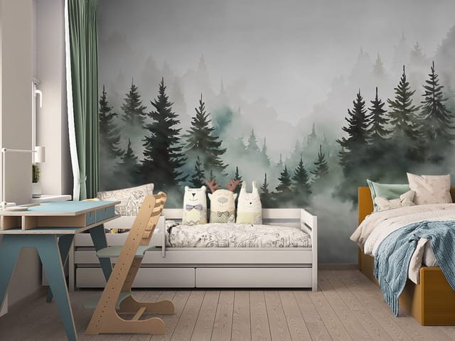 Fototapeta przedstawiająca las iglasty w gęstej mgle z ciemnymi drzewami