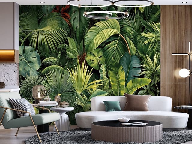 Fototapeta z tropikalnymi liśćmi na ciemnozielonym tle z czerwonymi akcentami