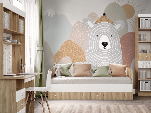 Fototapeta Niedźwiedź w czapce na tle gór (kod: 27102) Fototapeta Niedźwiedź w czapce na tle gór