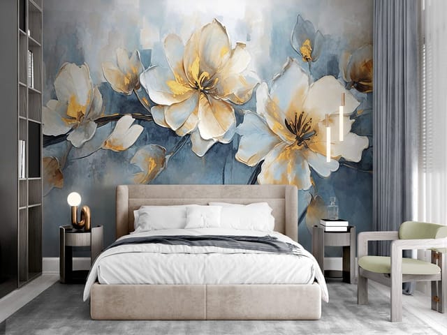 Fototapeta z dużymi białymi kwiatami i żółtymi akcentami na gałęziach