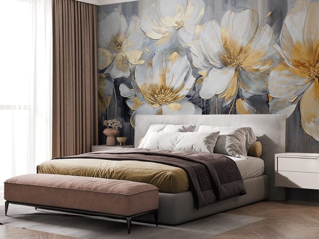 Fototapeta z dużymi kwiatami o białych płatkach i żółtych akcentach