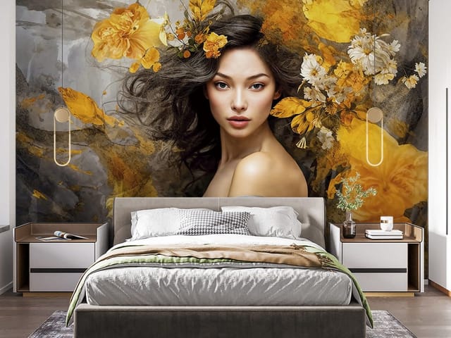 Fototapeta Kobieta z Kwiatami we Włosach (kod: 27108) Fototapeta z kobietą w szarej szacie i kwiatami we włosach na abstrakcyjnym tle