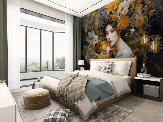 Fototapeta przedstawiająca kobietę z długimi włosami i dużymi kwiatami