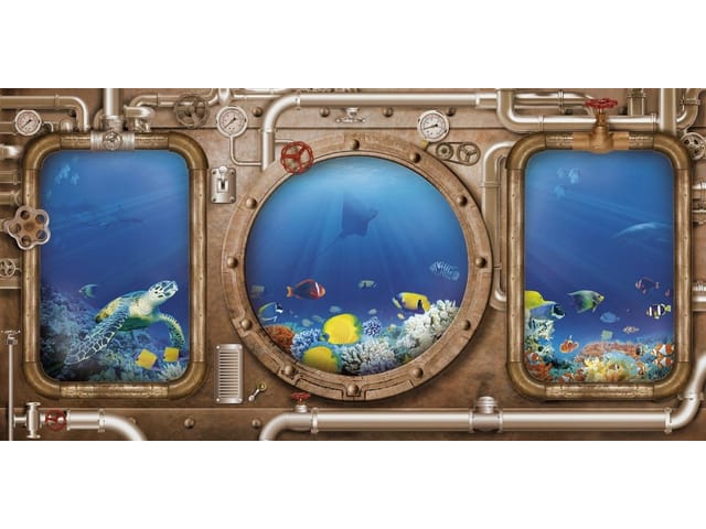 Fototapeta z trzema oknami na ocean, ryby, koralowce i rury