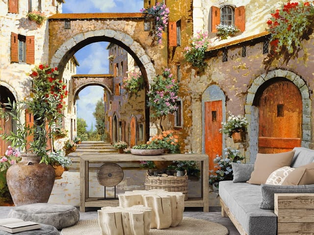 Fototapeta Urok Starego Miasta z kwiatami (mpn: 3115) Fototapeta z kamiennymi budynkami, łukami i kwiatami na tle nieba