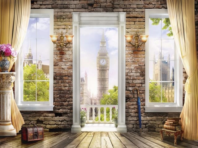 Fototapeta z widokiem na Big Ben przez okno w ceglanej ścianie