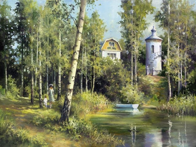 Fototapeta przedstawiająca las z brzozami, biały budynek z wieżyczką oraz staw z łódką