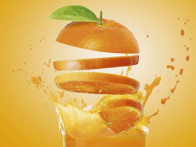 Fototapeta Pomarańcze w powietrzu (mpn: 3264) Fototapeta z unoszącymi się plastrami pomarańczy i szklanką soku