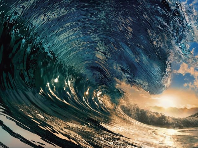 Fototapeta Wielka fala oceaniczna o zachodzie (mpn: 3367) Fototapeta z wielką falą oceaniczną, błyszczącą wodą i zachodzącym słońcem