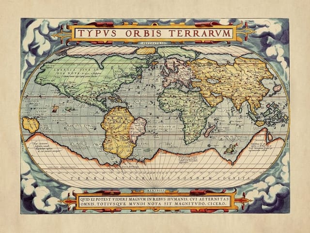 Fototapeta przedstawiająca starożytną mapę świata z kontynentami i ozdobnym obramowaniem