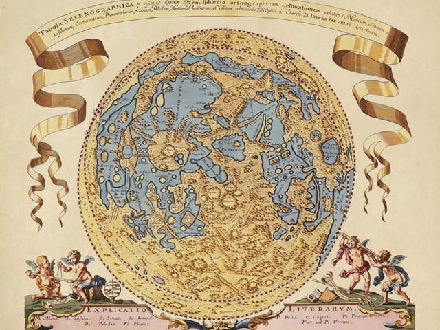 Fototapeta przedstawiająca starą mapę księżyca z ozdobnymi wstęgami i aniołami