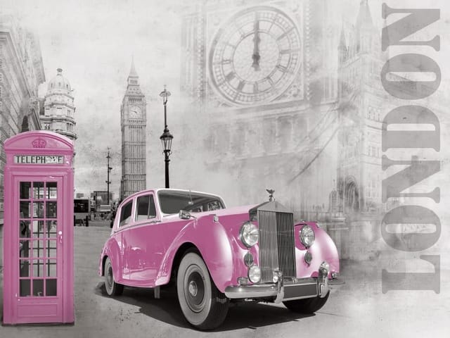 Fototapeta z różowym klasycznym samochodem i budką telefoniczną w Londynie