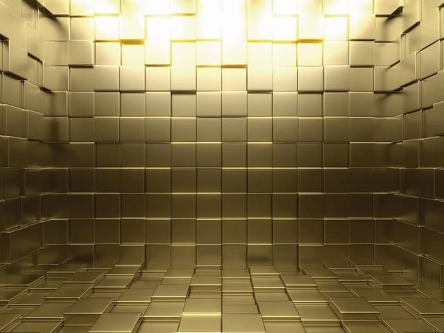 Fototapeta Ściana z metalowych kostek 3D (mpn: 3628) Fototapeta z trójwymiarowymi metalowymi kostkami i złotymi refleksami