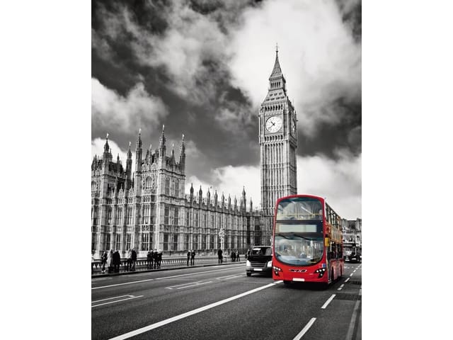 Fototapeta z czerwonym autobusem piętrowym na moście w Londynie
