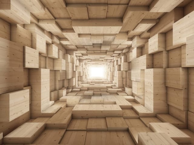 Fototapeta przedstawiająca drewniany tunel z geometryczną strukturą i jasnym światłem