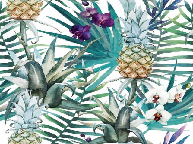 Fototapeta z ananasami, zielonymi liśćmi i kwiatami orchidei