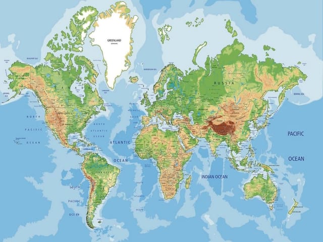 Fototapeta przedstawiająca mapę świata z kontynentami i oceanami