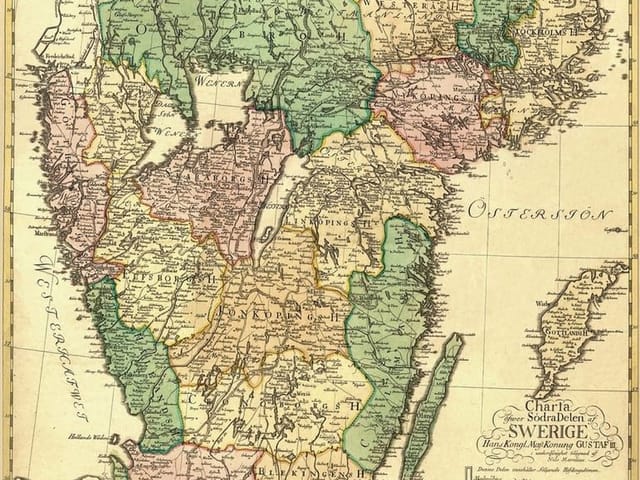 Fototapeta Stara mapa Szwecji z detalami (mpn: 386) Fototapeta przedstawia starą mapę regionu Szwecji z detalami geograficznymi i ozdobnymi ramkami.