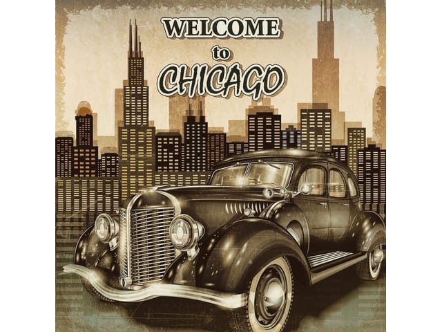 Fototapeta z zabytkowym samochodem na tle panoramy Chicago