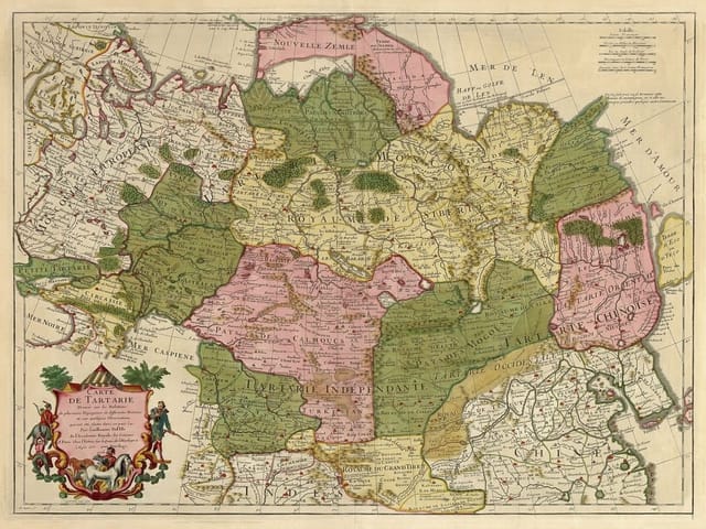 Fototapeta Stara mapa Tartarii (mpn: 389) Fototapeta przedstawiająca starą mapę geograficzną Tartarii z kolorowymi regionami i ozdobną ramką.
