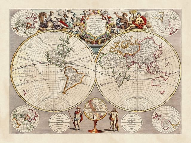 Fototapeta Stara mapa świata z XVII wieku (mpn: 390) Fototapeta przedstawiająca starą mapę świata z XVII wieku z ozdobnymi elementami